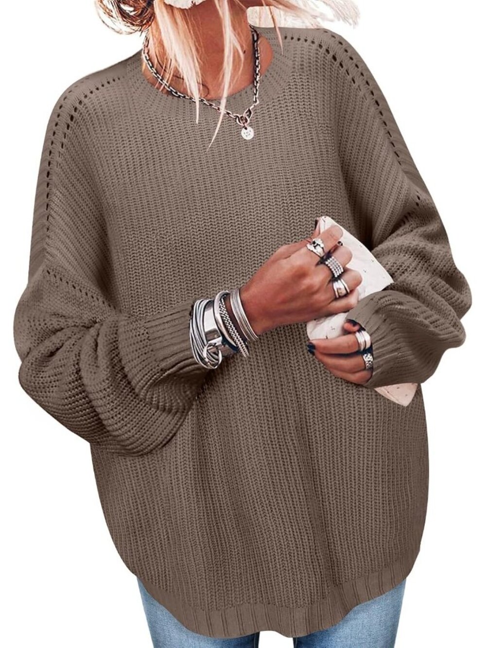 Women's Nutmeg Fashion Oversized Casual Knit Ribbed Pullover Tunic Sweater Tops